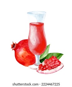 Glass Of Pomegranate Juice On An Isolated White Background, A Set Of Watercolor Illustrations, A Collection Of Fruits, A Grenadine Cocktail