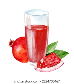 Glass Of Pomegranate Juice On An Isolated White Background, A Set Of Watercolor Illustrations, A Collection Of Fruits, A Grenadine Cocktail