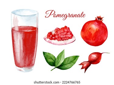 Glass Of Pomegranate Juice On An Isolated White Background, A Set Of Watercolor Illustrations, A Collection Of Fruits, A Grenadine Cocktail