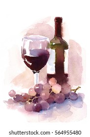 Glass of Red Wine Bottle and Grapes Watercolor Han Painted Food and Drink illustration 