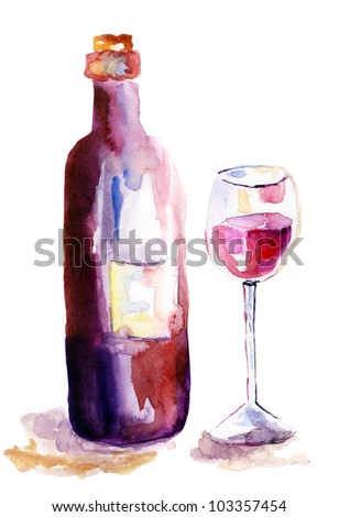 Glass of red wine and a bottle, watercolor illustration