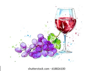Glass of a red wine and grapes.Picture of a alcoholic drink.Watercolor hand drawn illustration.