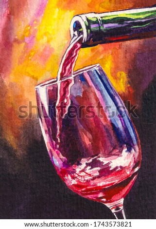 Glass of red wine. Wine is poured into a glass from a bottle. Alcohol drink. Watercolor painting.