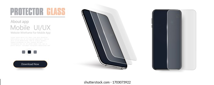 Glass Screen Protector Or Glass Cover.  Illustration Of Transparent Tempered Glass Shield For Mobile Phone. Realistic Black Smartphone.