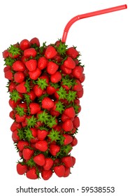Glass shape assembled of strawberry with straw over white. Extralarge resolution