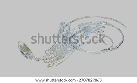 Glass skeleton bent into infinity symbol, surreal 3D visualization with jelly-like texture. Crystal human skeleton twisted in infinite loop, absurd surreal 3D render with plasticity. 3D Illustration