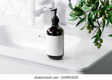 Glass Soap Dispenser On White Washbasin Mockup. 3D Rendering