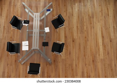 Glass Table With Chairs In Business Conference Room From Above (3D Rendering)