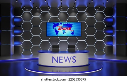 Glass Table And Chairs On Stand  With Led Screen Background In The News News Studio Room.3d Rendering.