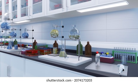Glass test tubes, beakers, flasks and other laboratory equipment on workplace table in modern scientific research lab. With no people medical and science concept 3D illustration from my 3D rendering.