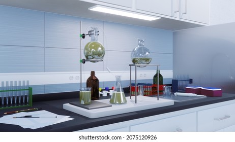 Glass Test Tubes, Flasks And Other Research Laboratory Equipment On Workplace Table In Modern Science Medical Lab. With No People 3D Illustration On Healthcare Theme From My Own 3D Rendering File.