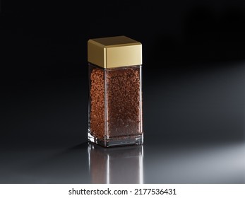 Glass transparent can with coffee instant granulated, isolated on black glossy background, 3D mockup close-up