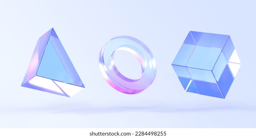 Glass triangle, ring and cube box, 3d render icons set. Abstract geometric shapes with holographic gradient texture, crystal rainbow objects, graphic elements isolated on background. 3D Illustration