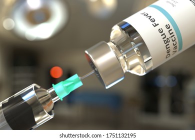 Glass Vial With Dengue Fever Vaccine And Needle Of A Syringe. 3D Rendering