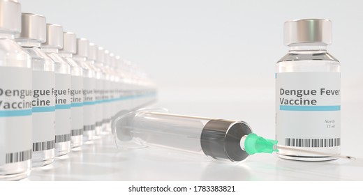 Glass Vials With Dengue Fever Vaccine And A Syringe. 3D Rendering