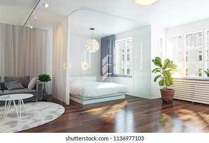 Glass Wall Bed Zone In The Studio Interior. 3d Concept Rendering