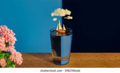 Glass Of Water Boat Cloud Dream Surreal 3d Rendering