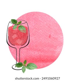 A glass with watermelon cubes, pink juice and mint. Watercolor, ink art isolated on white background, hand drawn for food design. Great for juice, smoothie, menu, organic food, logo decor and design. - Powered by Shutterstock