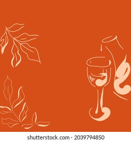 Glass of wine, decanter, wine jug, leaves, terra cotta clay red color background : Fall , Autumn concept  minimalism drawing illustration. 