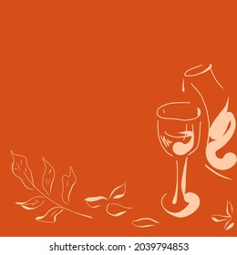 Glass of wine, decanter, wine jug, leaves, terra cotta clay red color background : Fall , Autumn concept  minimalism drawing illustration. 