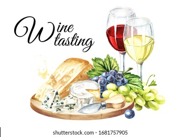 Glass Of Wine,  Grapes And Cheese. Hand Drawn Watercolor Illustration, Isolated On White Background