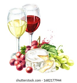 Glass Of Wine, Grapes And Cheese. Hand Drawn Watercolor Illustration, Isolated On White Background