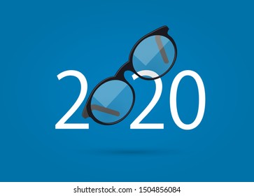  Glasses And 2020. Happy New Year 2020. 2020 With Glasses On Isolated Background
