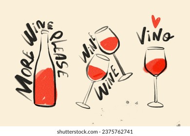 Glasses and bottle of Wine. Hand drawn illustration. Retro, vintage minimal style. Poster, print, home decoration, menu cover for wine bar, invitation, design template. Wine tasting, party concept - Powered by Shutterstock