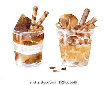 Glasses Of Chocolate Mousse And Tiramisu. Hand Drawn Watercolor Desserts With Topping, Chocolate Chunks. Illustration For Logo, Packaging And Menu Design.