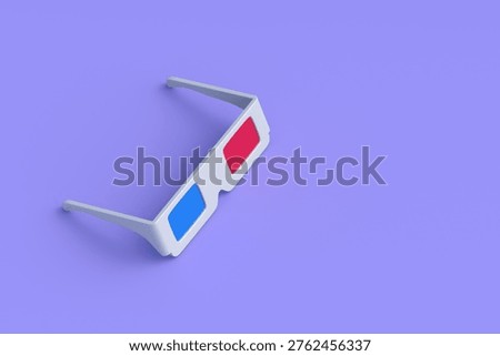 Сinema glasses on violet background. Volume effect. Three dimensional view. Anaglyph technology. Copy space. 3d render