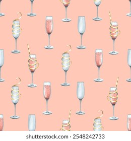 Glasses with pink champagne wine, with cocktail tubes and festive ribbons on a pink background. Hand-drawn watercolor illustration. Seamless pattern for packaging, wrapping paper and congratulations. - Powered by Shutterstock