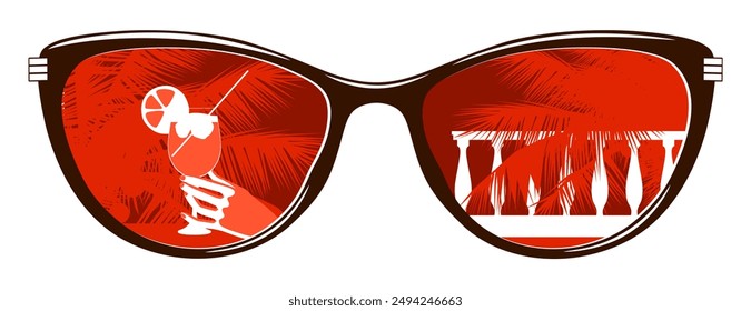 Glasses with reflection from a woman's hand with a glass on the background of a terrace and palm trees. Minimalist and flat style color drawing.  - Powered by Shutterstock