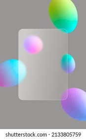 Glassmorphism effect with transparent glass and flying Easter eggs gradient. Minimal Futuristic trendy design Banner, 3d Poster. Glass blur flyer on gray background. Place for text.