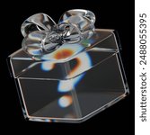 Glassy Mystery Gift Box isolated on a black background. Concept of promotion, sales and gifts. Glassmorphism Mystery Gift box. 3D rendering.