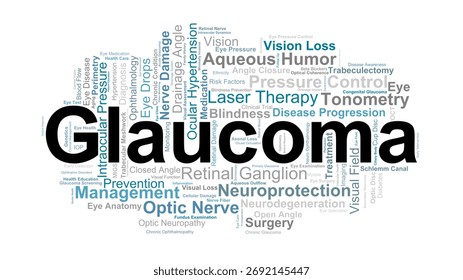 Glaucoma Word Cloud. Composition Of Terms Related To Eye Pressure, Optic Nerve Damage, Diagnosis, Prevention, And Management Of Vision Impairment In Ophthalmology.
