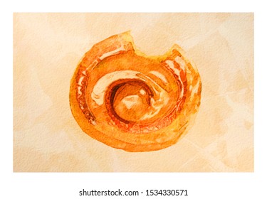 Glazed Cinnamon Bun With Bite Missing In An Artistic Painting Illustration With A Retro Painted Style.  Illustrated Sweets, Diet & Dessert Concept Art