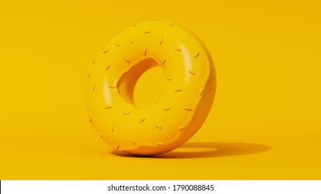 Glazed Iced Donut Covered With Sprinkles On A Studio Background. Stylized Yellow Mockup. 3D Render Illustration. Sugar Addiction