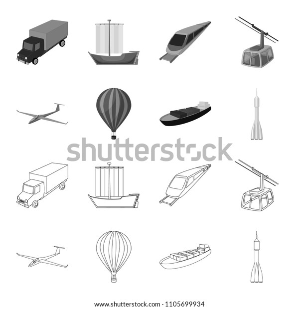  a glider, a balloon, a transportation barge, a
space rocket transport modes. Transport set collection icons in
outline,monochrome style bitmap symbol stock illustration
web.
