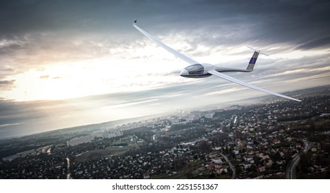 El planeador vuela sobre el pequeño pueblo - 3d ilustración