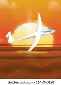 A glider flying past a large setting sun.