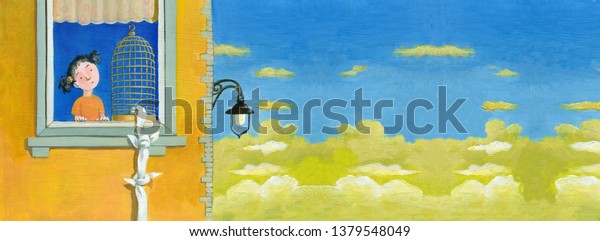 小さな子供が入った開いた檻がある宮殿の窓をちらりと見たとき ユーモラスな絵の超現実的なイラストバナーを描いたときに驚いたように見える のイラスト素材