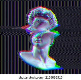 Glitch Art. 3D Rendering Concept Illustration Of Corrupted Graphics In Vintage CRT TV Style Glitch Deformed Classical Head Marble Sculpture On RGB Scanlines Dark Background.