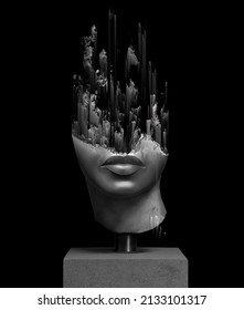 Glitch art pixel sorting corrupted graphics illustration of a broken fragment of a antique head sculpture isolated on black background from 3D rendering.
