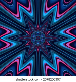 Glitch Blue Neon Pattern With Vivid Lines And Glowing Texture. Waves And Splashes Kaleidoscopic Creative Trendy Mandala Space Design