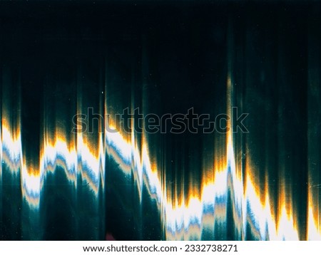 Glitch interference. Noise vibration. Abstract background. Black surface with blue white yellow smearing gradient zigzag texture overlay.