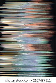 Glitch Noise Background. Digital Artifacts. Screen Damage. Red Blue Orange Yellow Color Glowing Fuzzy Lines Defect On Black Illustration Abstract Texture.