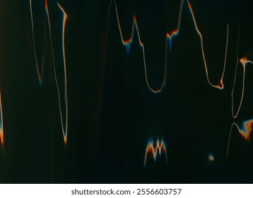 Glitch noise overlay. Distortion artifacts. Dust scratch texture. White orange blue color light flare rgb split wave distressed display dark illustration art abstract background.