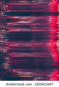 Glitch Noise Texture. Color Artifacts. Digital Error. Neon Pink Purple Orange Fuzzy Lines Static Distortion On Dark Black Abstract Art Illustration Background.