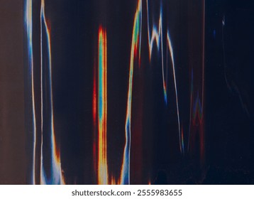 Glitch overlay. Distortion artifacts. Display defect texture. Blue orange white color light flare digital noise rgb split wave damaged screen dark illustration art abstract background.