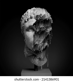 Glitch pixel sorting black and white illustration of glitched damaged classical sculpture head from 3D rendering in the style of modern digital graphics on a pedestal. 